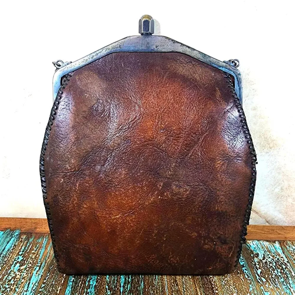 Vintage Leather Purse 1930s Hand Tooled Leaf Scroll Metal Clasp Brown Satchel